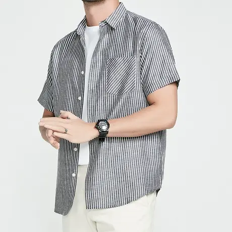 格慕施天丝短袖衬衫商务休闲夏季大码宽松麻棉条纹凉感衬衣男装潮商品大图