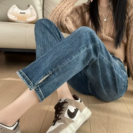 窄版直筒牛仔裤女秋冬新款高腰宽松小个子复古显瘦八九分烟管裤子图片