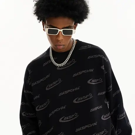 宽松美式复古oversize黑色毛衣男冬季加厚大码圆领男士针织衫线衣商品大图