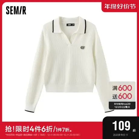 森马针织衫女短款小个子肌理上衣百搭温柔春撞色polo领套头衫气质图片