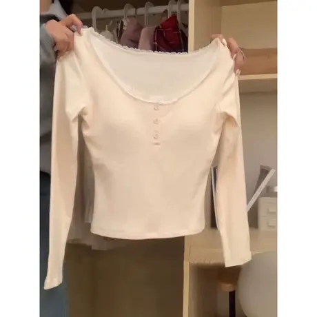 纯欲风露锁骨长袖T恤女德绒秋冬装韩版修身打底衫蕾丝边拼接上衣商品大图