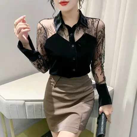 性感蕾丝开叉纽扣拼接网纱透气衬衫时尚气质减龄上衣女修身打底衫商品大图
