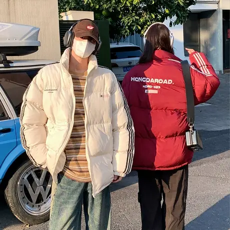 美式复古条纹棉服男女2024冬季新款情侣装面包服潮流休闲高街外套商品大图