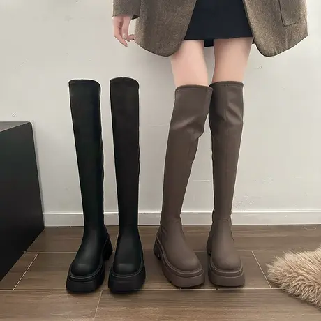 过膝靴子女2023新款秋冬小个子厚底长靴高筒骑士靴长筒皮靴瘦瘦靴商品大图