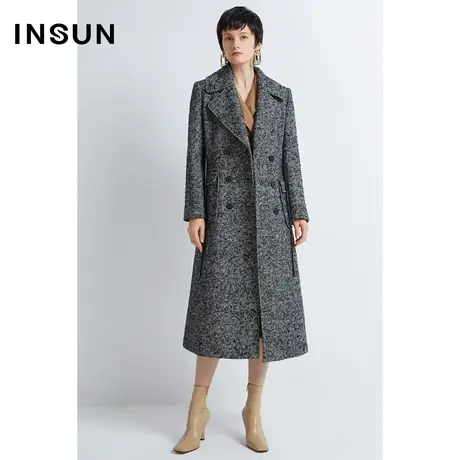 INSUN恩裳冬季双排扣翻领花纱羊毛毛呢大衣商品大图