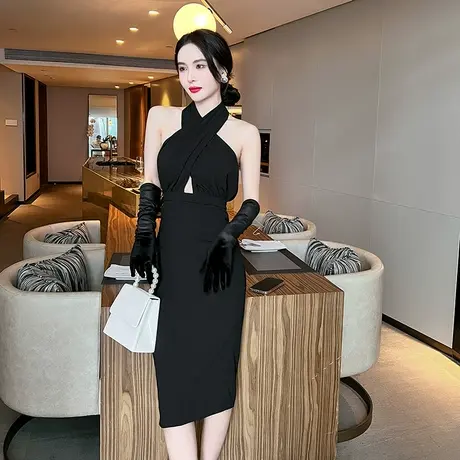气质优雅修身宴会晚礼服平时可穿夏季性感挂脖露背显瘦连衣裙新款商品大图
