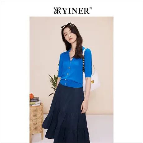 YINER音儿女装春季女装法式优雅宝蓝色海鸥领五分袖针织衫图片