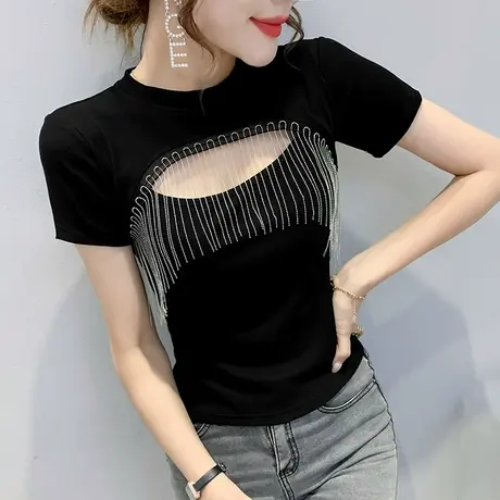 性感镂空T恤女短袖夏时尚流苏上衣洋气心机小衫高腰短款T桖半袖潮商品大图