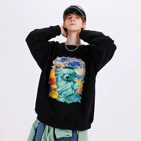 美式潮牌高街vibe小熊圆领卫衣男加绒加厚中性风宽松oversize上衣商品大图