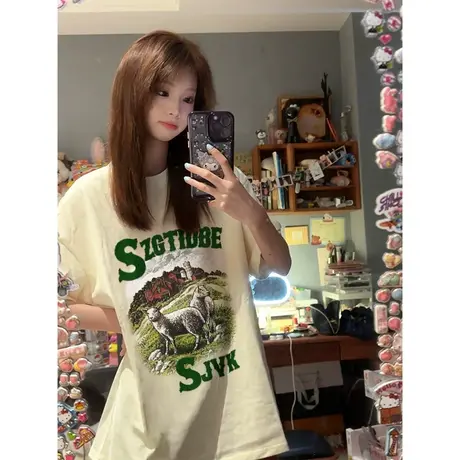 纯棉重磅美式复古短袖t恤女2023新款夏季ins潮牌设计感宽松上衣服商品大图