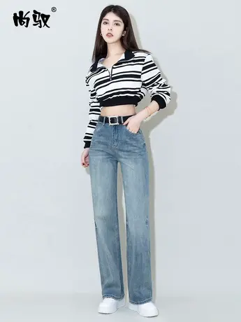 蓝色弹力高腰牛仔刺绣直筒裤2024年春季新款拖地裤显高显瘦阔腿裤图片