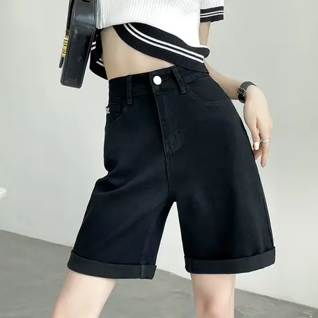 黑色五分牛仔短裤女夏季薄款高腰显瘦5分宽松a字阔腿中裤子甜酷风商品大图