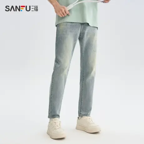 三福2024夏季男士汉麻小脚牛仔裤 时尚通勤合身长裤男483251图片