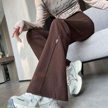 拉链微喇裤女2024春秋新款高腰显瘦米白色垂感休闲马蹄喇叭裤子图片