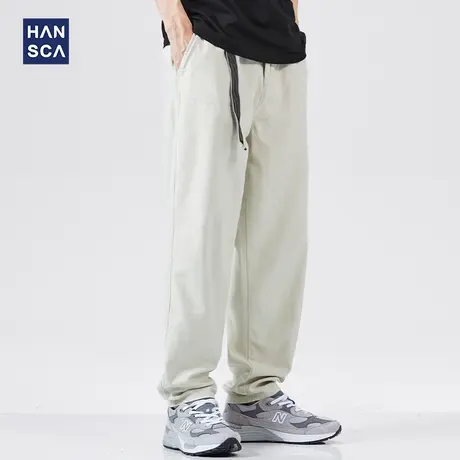 汉斯卡春季新款休闲裤男纯色青少年潮流宽松直筒大码纯棉拖地长裤商品大图
