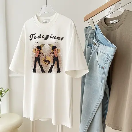 美式复古纯棉正肩短袖T恤女卡其色宽松百搭情侣潮流小众夏季上衣图片