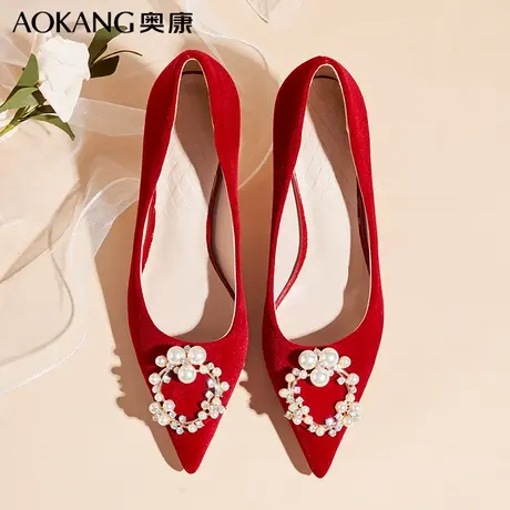 奥康尖头结婚鞋女秀禾服婚纱两穿2023年新款红色新娘鞋孕妇不累脚商品大图