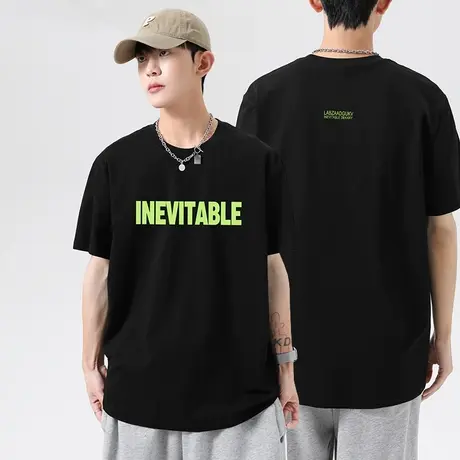 重磅纯棉短袖t恤男装2023新款夏季潮流宽松圆领黑色半袖全棉体恤商品大图