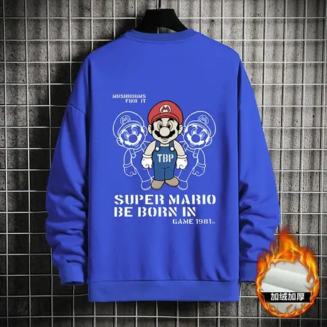 春秋季加绒加厚卫衣男潮牌ins卡通马里奥无帽宽松圆领长袖上衣服商品大图