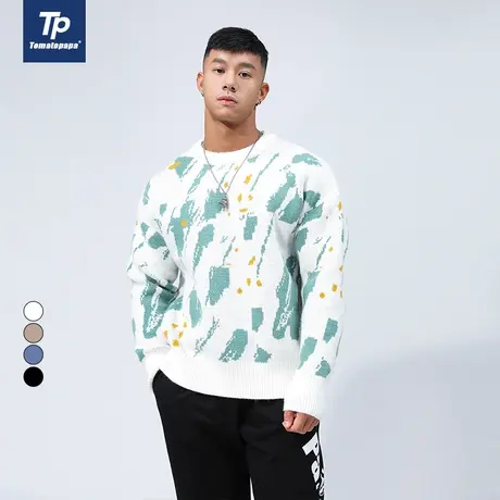TOMATOPAPA秋季原创圆领针织衫个性居家保暖毛衣复古休闲加厚毛衫图片