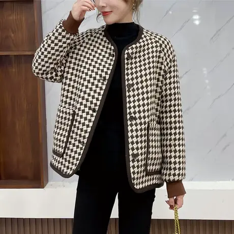 秋冬新千鸟格小香风加棉短外套宽松显瘦复古气质时尚百搭女士上衣图片