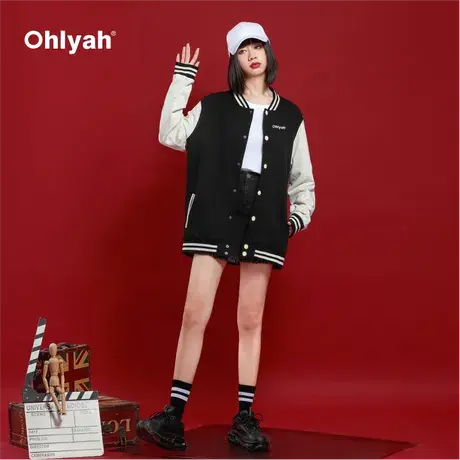 Ohlyah经典款外套女2023秋季新款学院风夹克潮情侣撞色棒球服宽松商品大图