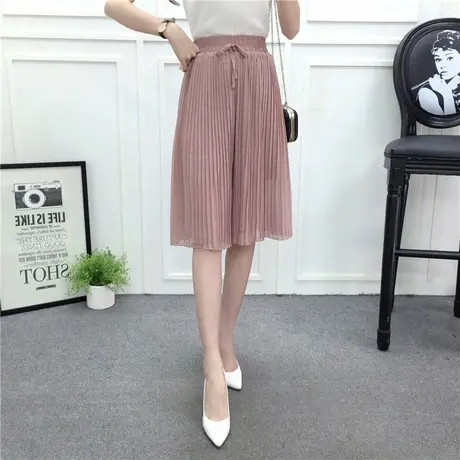 春夏雪纺七分裤阔腿裤韩版松紧腰百褶纯色裙裤系带裤裙粉色55图片