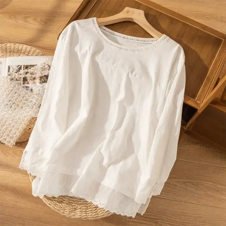 全棉白色T恤女宽松百搭纯色休闲上衣女春秋蕾丝拼接2022秋季新款图片