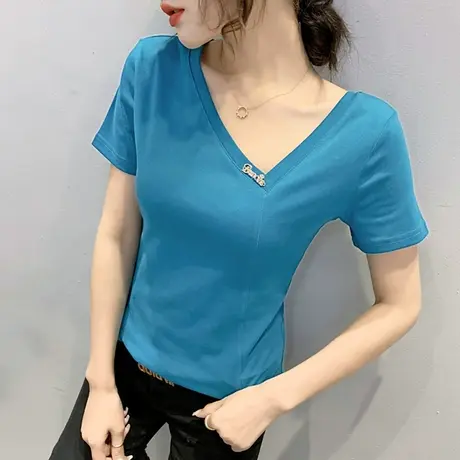 时尚V领T恤女短袖夏装洋气斜肩上衣修身显瘦纯棉丅恤女半袖ins潮图片
