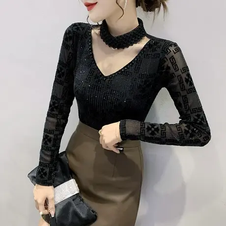 复古网纱打底衫女春装2023潮心机性感镂空T恤女长袖紧身印花上衣商品大图