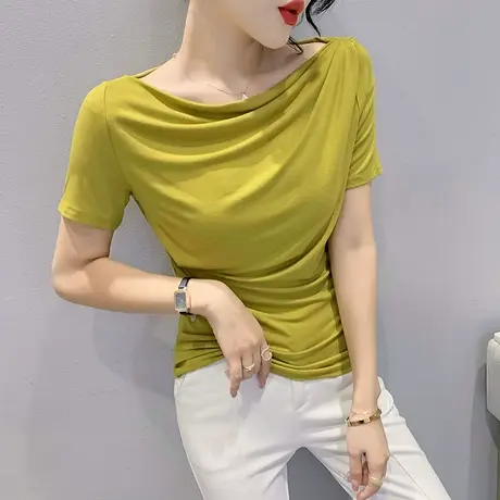 性感一字领T恤女短袖2023夏季新款纯色百搭洋气上衣修身时尚小衫商品大图