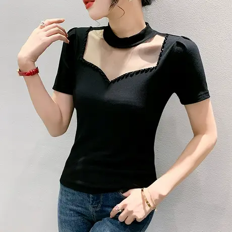 网纱拼接T恤女短袖夏季欧货性感镂空小衫洋气钉珠上衣紧身体恤ins商品大图
