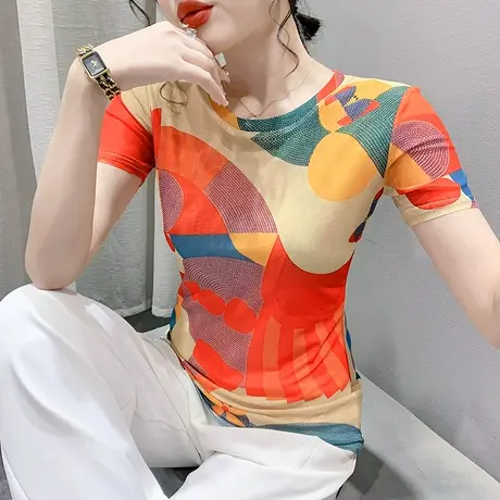时尚印花T恤女短袖洋气别致圆领上衣性感网纱小衫修身显瘦体恤夏商品大图