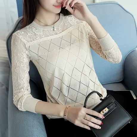 2020早秋新款蕾丝针织衫宽松百搭打底衫短款薄镂空罩衫T恤空调衫图片