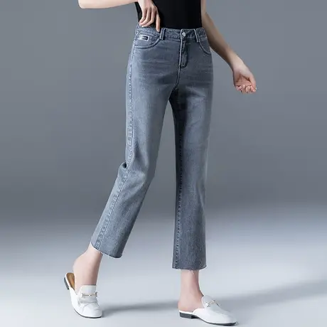 烟灰色微喇牛仔裤女2023年新款夏季女裤直筒烟管裤八分九分喇叭裤商品大图