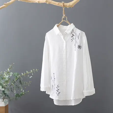 2023年春秋新品白衬衫纯棉上衣女文艺长袖宽松打底衫刺绣开衫潮商品大图