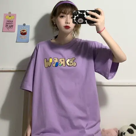 网红纯棉短袖t恤女韩版宽松原宿bf慵懒风半袖ins超火紫色上衣服潮商品大图