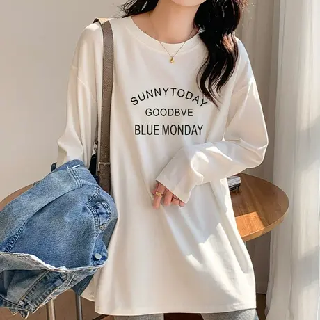 秋冬长袖t恤女磨毛加厚中长款韩版宽松大码白色打底上衣纯棉内搭商品大图