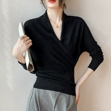 交叉v领设计感上衣女2023春季新款内搭宽松打底衫银线羊毛针织衫商品大图