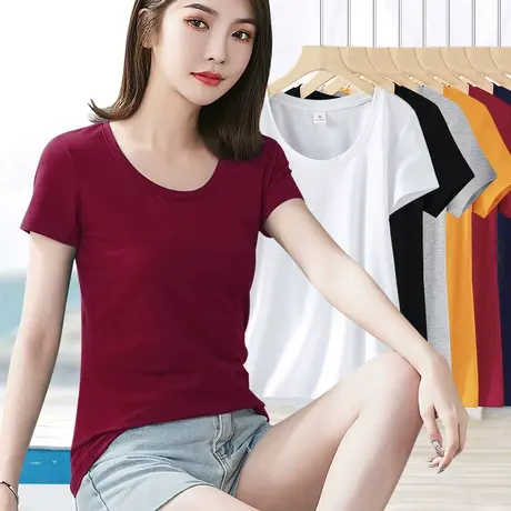 基础款正肩纯棉酒红色短袖t恤女夏季修身显瘦纯色打底衫百搭上衣图片
