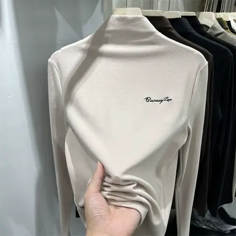 半高领字母刺绣磨毛德绒长袖T恤女2022秋冬新款内搭打底衫上衣潮商品大图