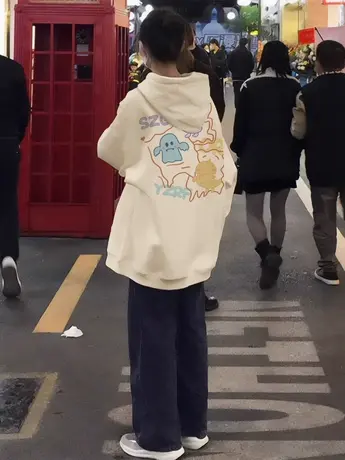 连帽卫衣女小个子春秋薄款oversize美式复古设计感小众慵懒风外套图片