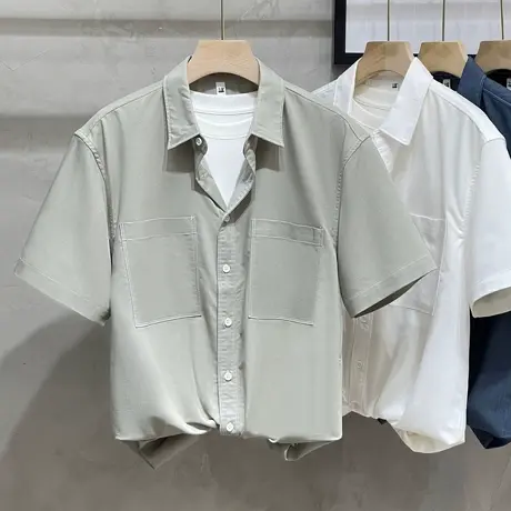 纯色半袖衬衫男士夏季新款日系复古短袖衬衣宽松休闲高街潮牌外套商品大图