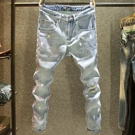 浅色大破洞牛仔裤男款潮牌泼墨修身小脚裤夏季薄款高街痞帅裤子男商品大图