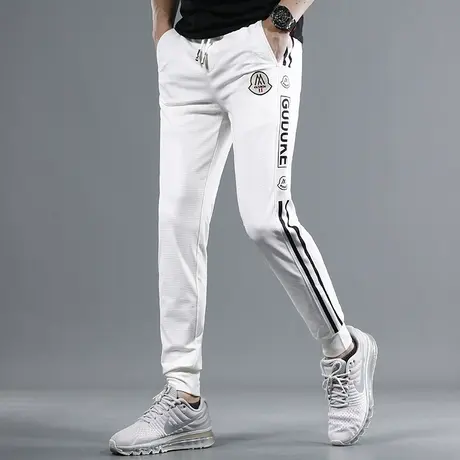 白色冰丝休闲裤男2023新款夏季修身束脚弹力男士松紧腰潮流裤子男商品大图