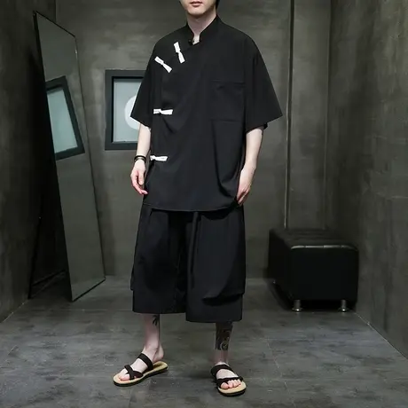 新中式唐装夏季冰丝衬衫短袖短裤套装男暗黑系中国风潮流一套搭配商品大图