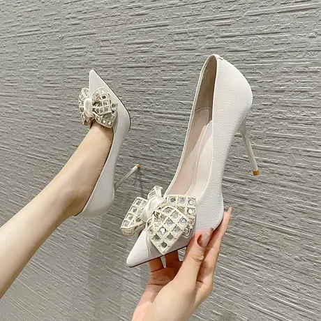 法式性感单鞋女2023年新款秋冬季水钻蝴蝶结尖头百搭高跟鞋女细跟图片