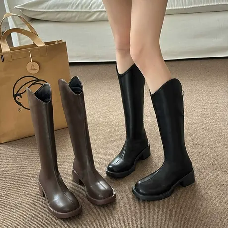 粗跟高筒骑士靴女靴子2023年秋季新款时尚百搭长靴女不过膝长筒靴图片