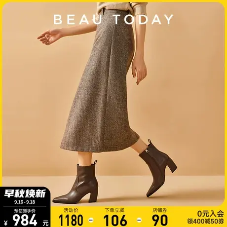 BeauToday小短靴女春秋单靴2023新款瘦瘦靴BT黑色皮靴女烟筒靴女图片