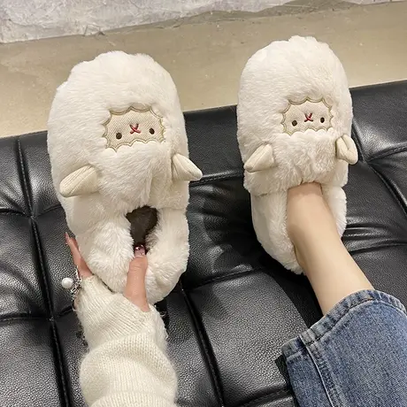 可爱小绵羊棉拖鞋女冬季居家室内包跟毛绒保暖厚底防滑棉鞋可外穿商品大图